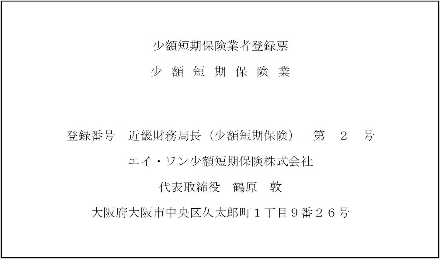 少額短期保険業者登録票